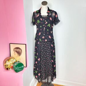 Vintage 90s Nostalgia Black & Pink Floral Print Maxi Dress & Sheer Blouse Set